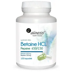 Betaine HCl 650 mg + Pepsyna 150 mg – 100 kapsułek Aliness Kompleks betainy chlorowodorowej i pepsyny – wsparcie naturalnych procesów trawiennych