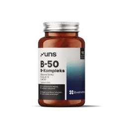 UNS Witamina B‑Kompleks B‑50 – wsparcie energii, układu nerwowego i metabolizmu: kompleks witamin z grupy B (B1, B2, B3, B6 P‑5‑P, B12 metylokobalamina), cholina, PABA – 90 kapsułek