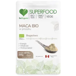 Maca bio w proszku 200g BeOrganic białka witamina B6 potas wapń miedź lepidium meyenii