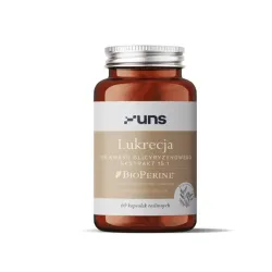 UNS Lukrecja 20% – wsparcie układu pokarmowego i równowagi organizmu: lukrecja gładka (Glycyrrhiza glabra), 20% kwasu glicyryzynowego, BioPerine® – 60 kapsułek