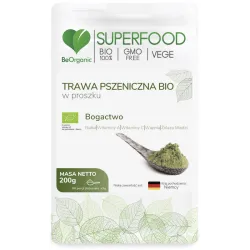 Trawa pszeniczna bio w proszku 200g BeOrganic białka witamina A C wapń żelazo miedź triticum aestivum