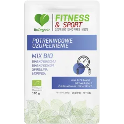 Potreningowe uzupełnienie 100g BeOrganic białko grochu białko konopi spirulina moringa wapń Pisum sativum Cannabis sativa