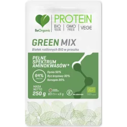 Green MIX białek roślinnych BIO w proszku 250g BeOrganic Dynia Ryż brązowy Konopia Kwas L-glutaminowy  L-arginina