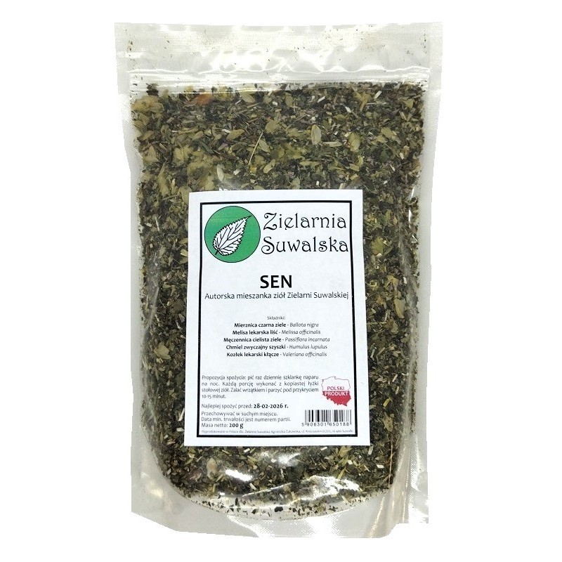 ziola-sen-200g-zielarnia-suwalska-klopoty-ze-snem-autorska-mieszanka-ziolowa-mierznica-czarna-melisa-lekarska-lisc-mecze